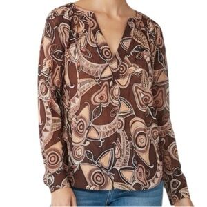 A.L.C. Brown Abstract Pattern Long Sleeve Split V-Neck Nomad Top Size 8